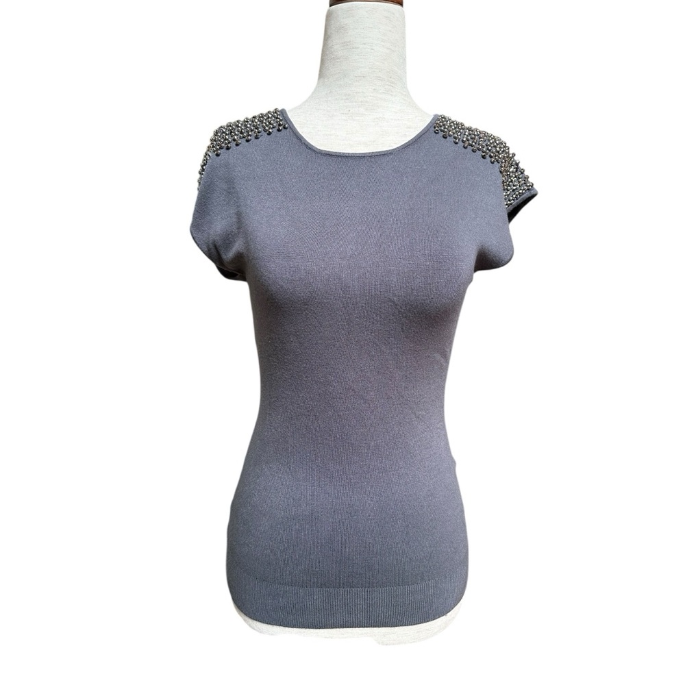 Zara Grey Knit Embellished Short Sleeve Women's Top, NWT, M